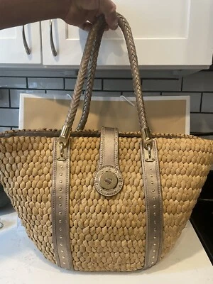 XL MICHAEL KORS SANTORINI RAFFIA TOTE TAUPE LEATHER/GOLD HARDWARE *FREE SHIP* - Image 1 of 4