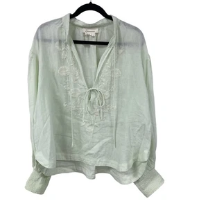 By Anthropologie Mint Green Linen Embroidered Tie Front Top Womens Size XL - Picture 1 of 6