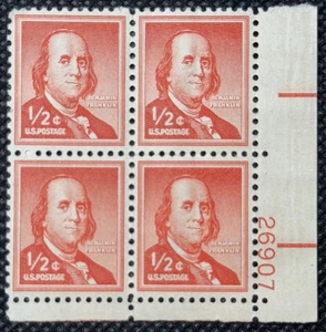 1954 US Stamp Scott #1030 - 1/2 Cent Plate Block - Franklin - MNH/OG/VF - Picture 1 of 2