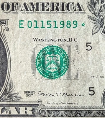 2017 A $1 star note fancy serial birthday date note January 15, 1989 E 01151989* - Image 1 of 3
