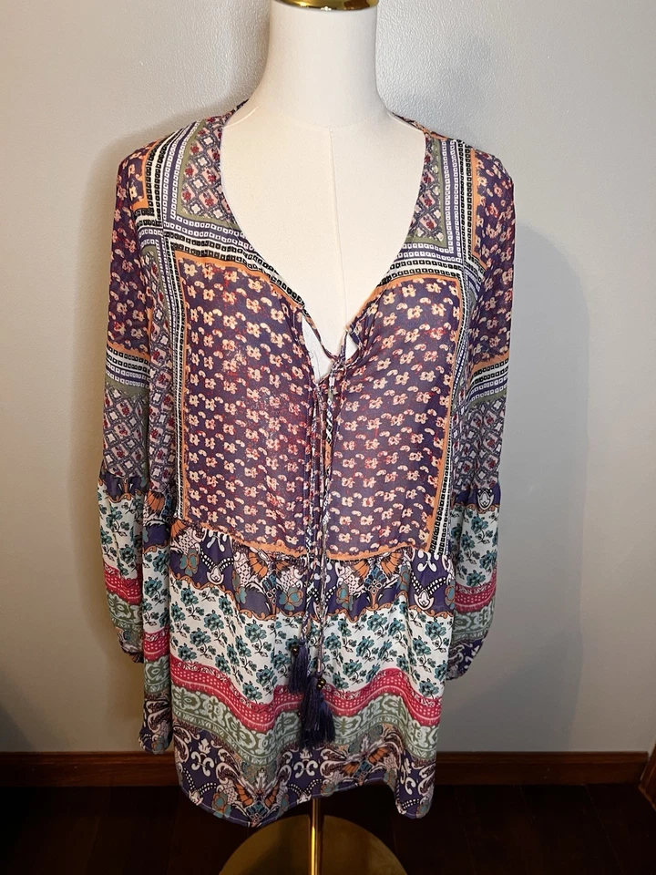 American Rag Cie Women’s Blouse 1X Boho Floral Pheasant Tassels Ties Sheer - Image 1 of 4