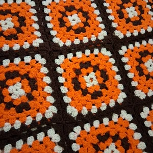 VTG 70's Blanket Crochet Afghan Granny Square Apprx 52x72" Orange Brown White - Picture 1 of 8