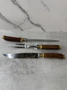 Anton Wingen Jr Solingen Germany Hirschhorngriff 3tlg Tranchierset Messer Gabel Stahl - Bild 1 von 9
