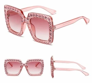NEW Oversized Square Frame Bling Rhinestone Sunglasses Women Fashion Shades Pink - Picture 1 of 15