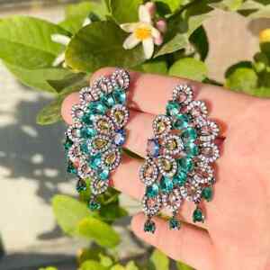 Green and Yellow Peacock Crystal Statement Earrings, Extravagant Crytal Earrings
