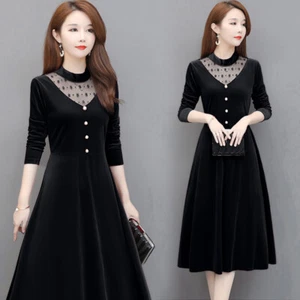 Lady Velvet Midi Dress Formal Long Sleeve Swing Mesh Hollow Spliced Evening Gown - Picture 1 of 15