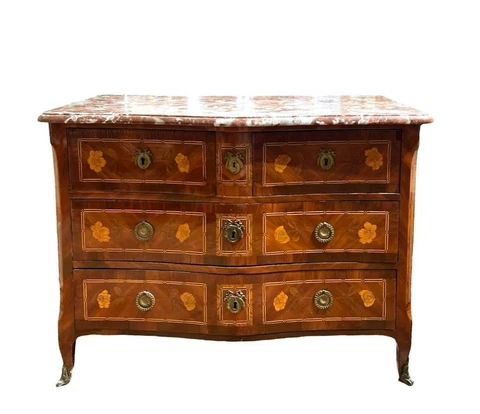 Antique Louis XV style furniture chest of drawers Commode inlaid Marble Top Cover