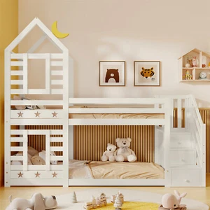 Bunk Bed Kids Toddlers High Sleeper 3FT Single Wooden Bed Frame Solid Pine Wood  - Picture 1 of 11