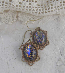 Vintage Blue Glass Gold Fleck Art Glass Fire Opal Dangle Earrings Brass