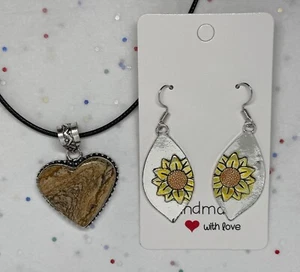 Picture Jasper 925 Silver Gemstone Heart Pendant Jewelry & Earring Set - Picture 1 of 18