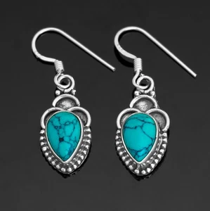 Pear Turquoise 925 Sterling Silver Gemstone Drop Dangle Earrings Jewellery - Picture 1 of 5