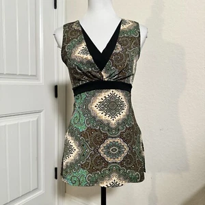 Vintage Y2K Brown Paisley Print V-neck Tie Back Babydoll Tank Top Size Medium - Picture 1 of 7