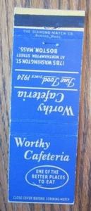 BOSTON, MASSACHUSETTS MATCHBOOK COVER: WORTHY CAFETERIA EMPTY MATCHCOVER -D - Picture 1 of 1