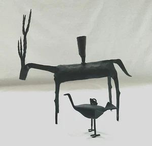 Vintage Mid Century Brutalist Gusseisen Gazelle Antilope Kerzenhalter und Vogel - Bild 1 von 8