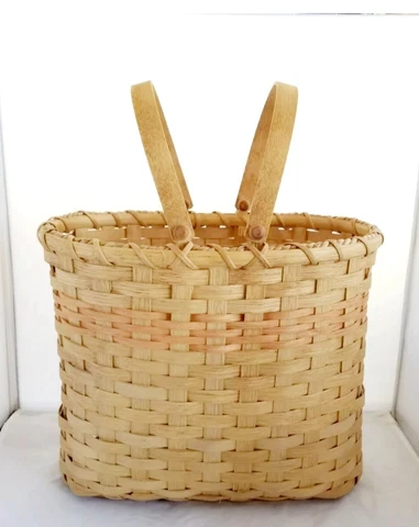 Vintage Woven Yarn Storage Basket w/ Wood Handles & Bottom Tan and Pink Stripe Cover