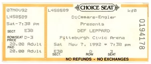 1992 7. November Def Leppard Konzertkarte Stub - Pittsburgh Civic Arena (62351) - Bild 1 von 2