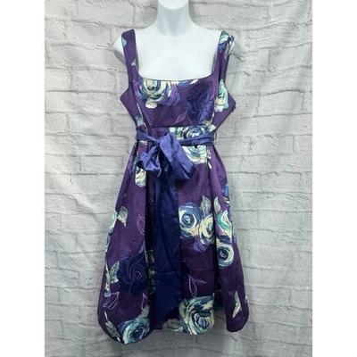 Debut Fit & Flare Skater Dress Cotton Purple Floral Sz 18 Satin Tie Cottagecore - Image 1 of 4
