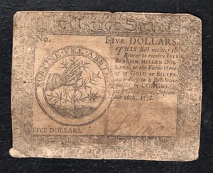 SEPTEMBER 26, 1778 $5 FIVE DOLLARS CONTINENTAL CURRENCY NOTE (B) - Picture 1 of 2