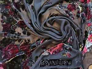 YSL YVES Saint LAURENT Vintage silk devore scarf velvet roses 100*105 cm - Picture 1 of 15