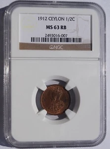 1912 Ceylon 1/2 Cent World Coin - Sri Lanka - NGC MS63 RB - Picture 1 of 4