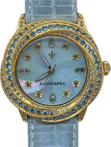 Judith Ripka Diamonique Gold-Tone Blue CZ Mother of Pearl Strap Watch - Picture 1 of 7