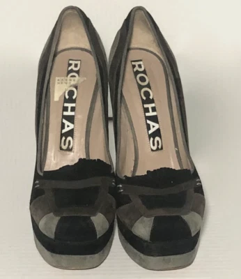 Zapatos de salón ROCHAS negros y multicolores con plataforma de gamuza punta cuadrada talla 10 Foto 1 de 4
