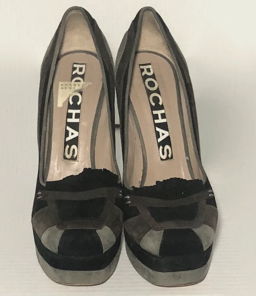 ROCHAS Black and Multi-color Pattern Square-toe Suede Platform Pumps Size 10 - Image 1 of 4