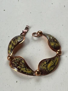 Vintage Unmarked Matisse Solid Copper w Yellow Mottled Enamel Teardrop Link Brac - Picture 1 of 10