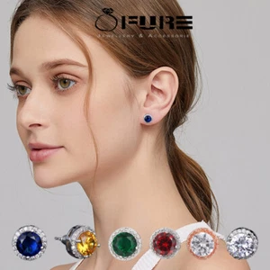Genuine Gemstone Stud Earrings Sterling Silver Big Round Stud Earrings For Women - Picture 1 of 15