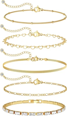 14K Gold Plated Bracelet Set, Dainty Beaded Chain Jewelry Gift for Women/Girls - Image 1 of 4