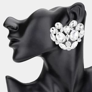 Silver Heart Stud Earrings 2" Trend Cluster Rhinestone Crystal Statement Jewelry - Picture 1 of 2