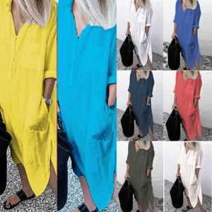 Women Long Dress Summer Holiday Casual Loose Baggy Kaftan Maxi Dresses Plus Size - Picture 1 of 19