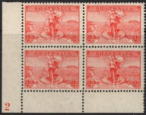 1936 Australia 2d Red Opening Of Tas Cable Bottom L/H Corner Plate Block 2 Mint - Bild 1 von 1
