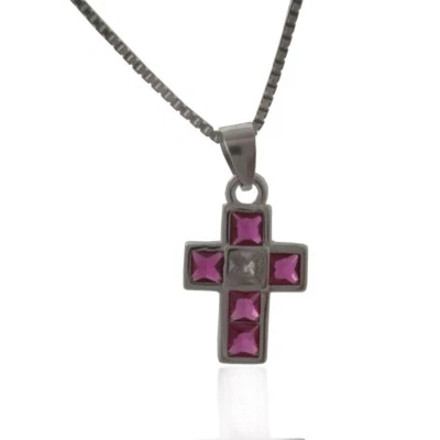 Collana con croce in argento 925 rodiato mm 15x9 con zirconi viola e bianco - Immagine 1 di 3