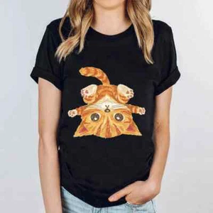 Cute Cat Print T-shirts for Women Cartoon Animal Lover Round Neck Casual T-shirt - Picture 1 of 11