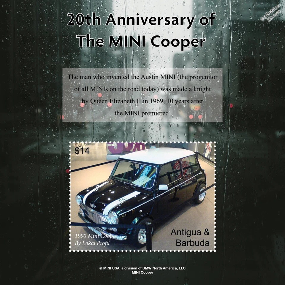 Austin MINI COOPER 1990 Mk.VI hoja de sello de coche/minishoja (2021 Antigua y Barbuda) Foto 1 de 1