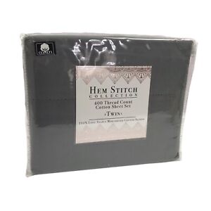 HEM STITCH COLLECTION Twin Sheet 3Pc Set 400 Thread Count Cotton Sateen Gray NEW