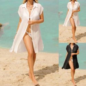 Women Buttons Down Shirt Dress Summer Beach Bikini Cover Up Long Tops Blouse UK - Picture 1 of 24