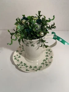 VTG Shamrock🍀 Button Bouquet/Cup and Saucer-Country-Farmhouse-St Patrick-Decor - Picture 1 of 5