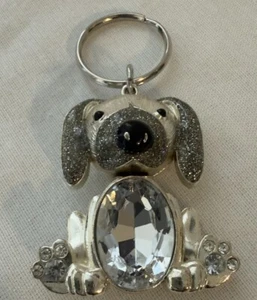 JEWELED METAL SILVER BOBBLE HEAD DOG PUPPY CHARM KEYCHAIN - Picture 1 of 3