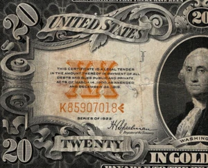 1922 $20 Gold Certificate Large Size Note Horse Blanket Yellow Seal (AEJ) - Picture 1 of 4