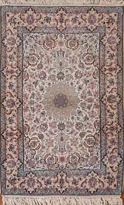 Wool/ Silk Floral 480 Knots Isfahaan Area Rug Hand-knotted Ivory Carpet 4'x6' - Picture 1 of 12
