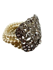 Armband silberfarben filigran Strass Akzent mit 4 Strang Perlen Stretch Vintage - Bild 1 von 11