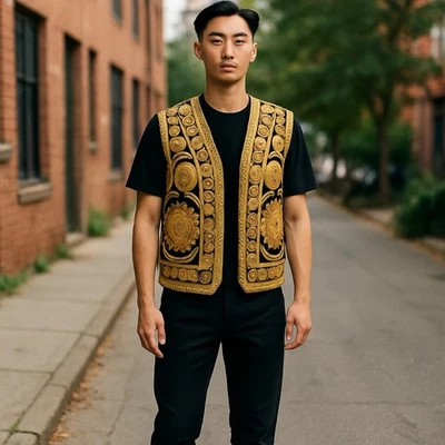 Turkish Black Velvet Waistcoat Ottoman Embroidered Vest with Mirrors & Pearls - Image 1 of 4