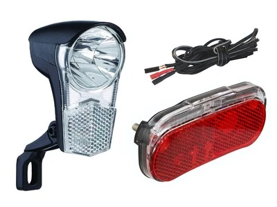 BIKEPARTS Fahrrad Beleuchtung Set UNI LED Scheinwerfer, Rücklicht & Kabel für Nabendynamo