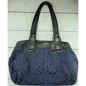 Coach Monogram Signature Canvas Leather Tote Bag Navy Black Shoulder Bag Purse - Picture 1 of 10