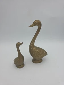 Paar Vintage Langhals Messing Gäns Gänse Gänse mit Patina Mutter & Baby Gosling 80er Jahre  - Bild 1 von 12