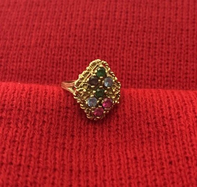 10K Ladies Hammered Gold MultiGem Diamond Emerald Ruby Ring Size 6.5  - Image 1 of 4