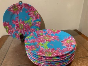 Lilly Pulitzer Blue Pink Tropical Floral - Set of 8 Melamine Salad Plates 9" - Picture 1 of 4