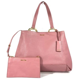 MIUMIU 5BG002 With porch Logo Madras Hand Bag Shoulder Bag Tote Bag Leather pink - Picture 1 of 15